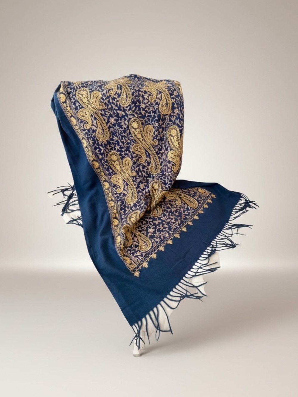 Navy & Gold Paisley Fringe Shawl Pahima Wrap - Picture 3 of 6